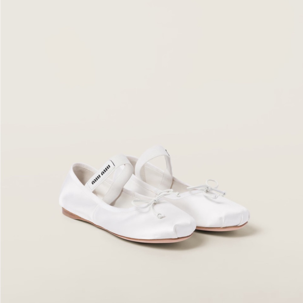 Miu Miu white satin ballerina flats with logo elastic strap